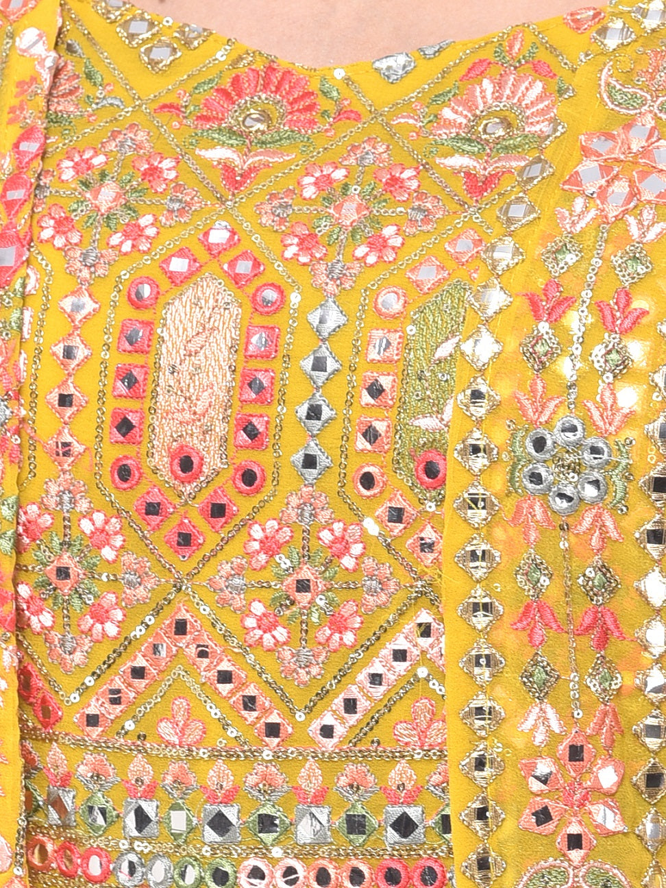 Neerus Yellow embellished flared kurti with shrug - detail view 1