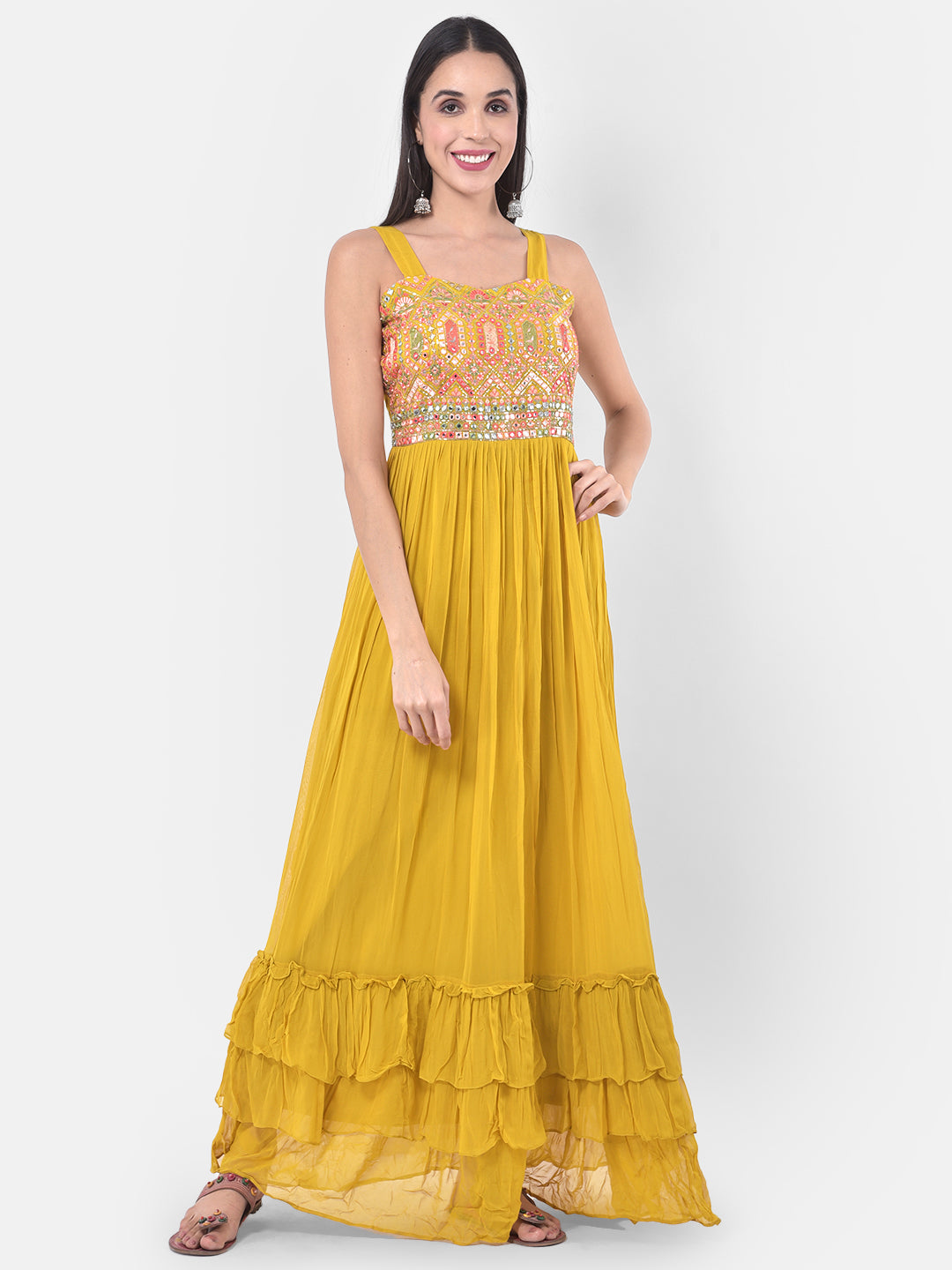 Neerus Yellow embellished flared kurti with shrug - detail view 2