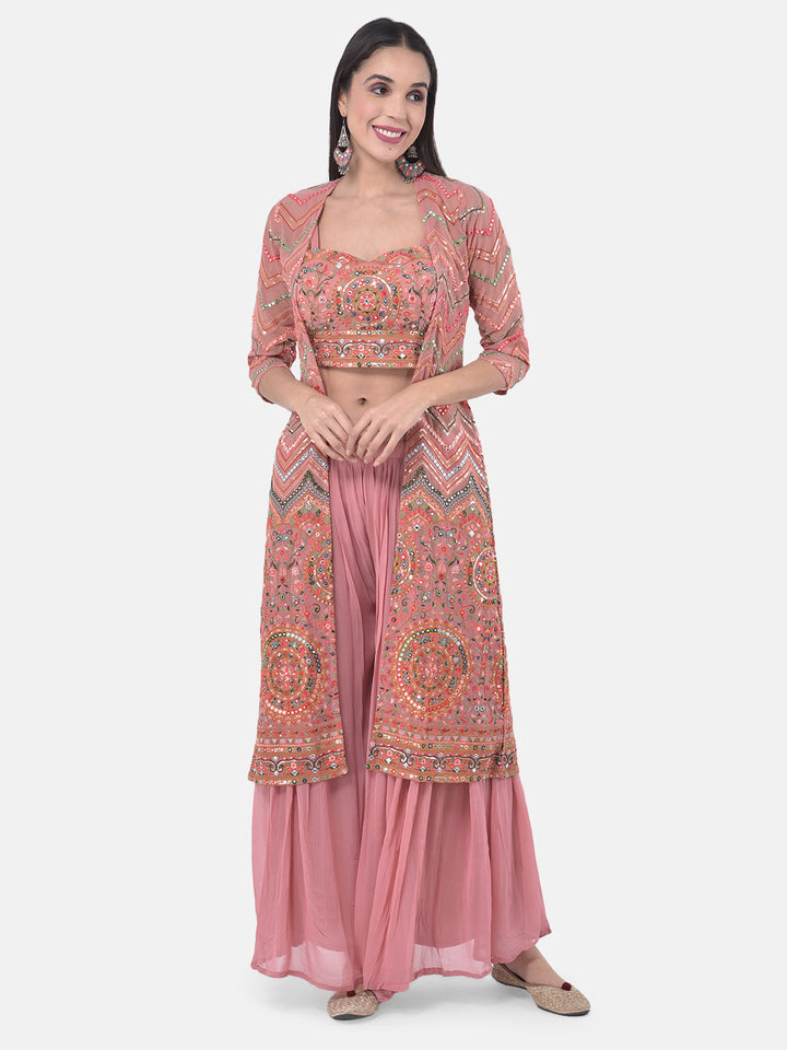 Neerus Orange embellished kurta set with palazzo and shrug - detail view 4