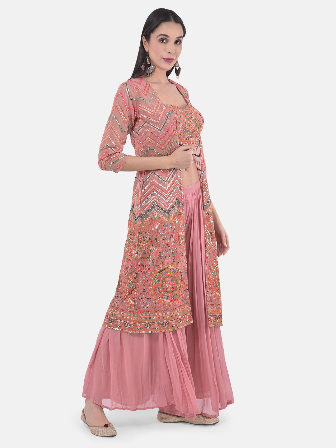 Neerus Orange embellished kurta set with palazzo and shrug - front view