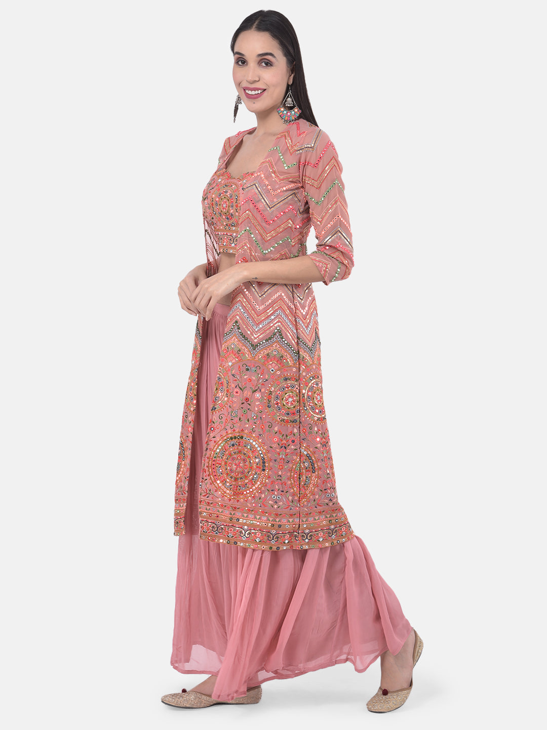 Neerus Orange embellished kurta set with palazzo and shrug - back view