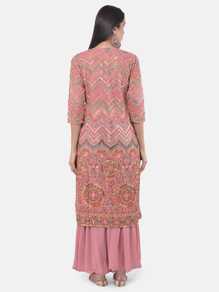 Neerus Orange embellished kurta set with palazzo and shrug - side view