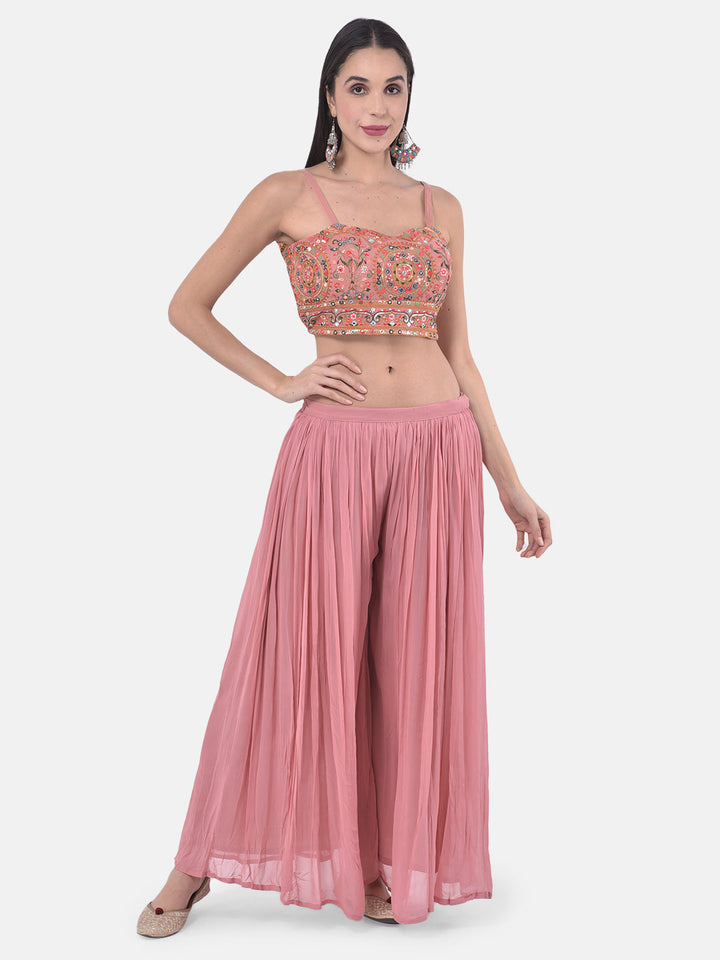Neerus Orange embellished kurta set with palazzo and shrug - detail view 3