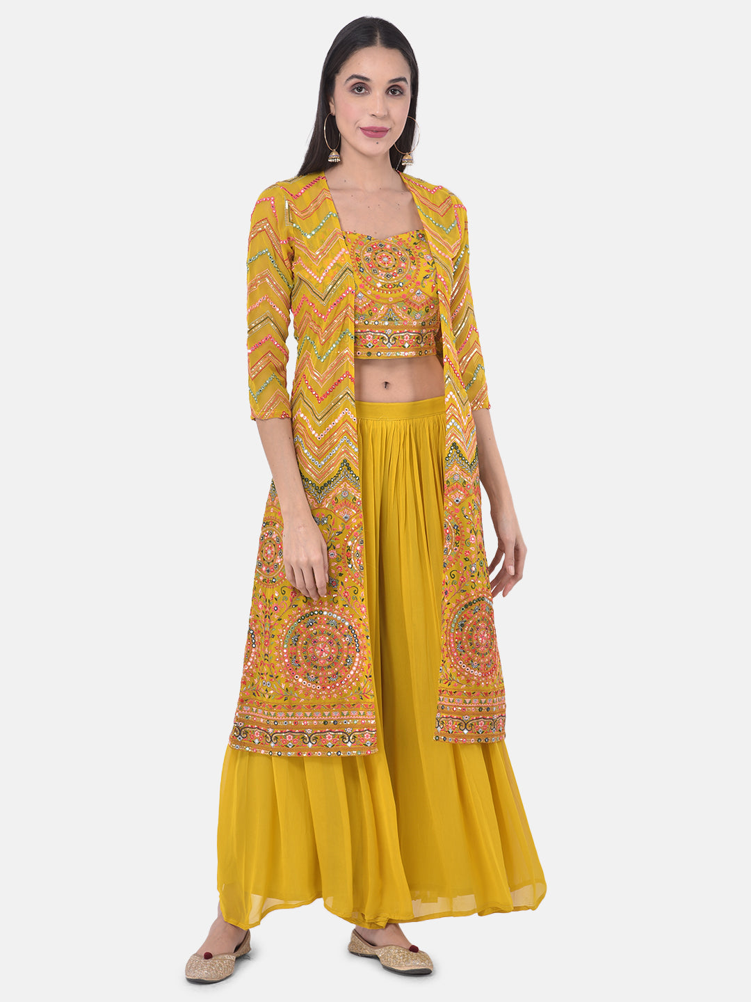Neerus Yellow Embellished Kurta Set with Palazzo and Shrug - front view