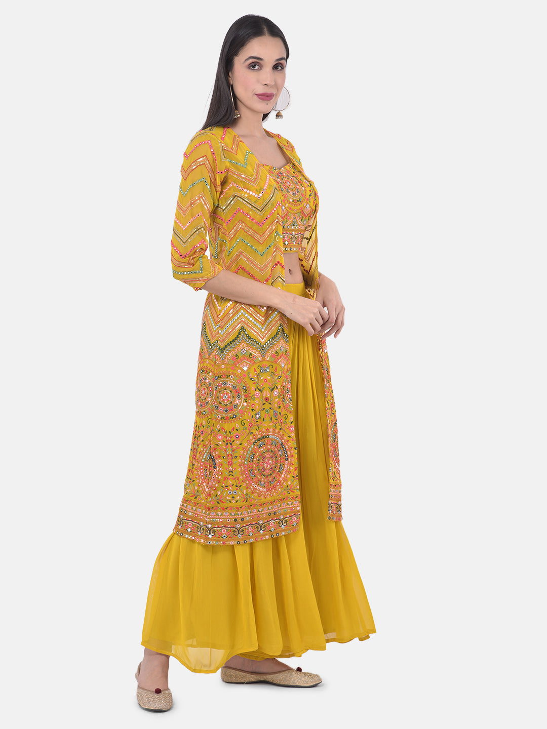 Neerus Yellow Embellished Kurta Set with Palazzo and Shrug - back view