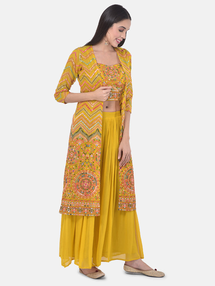 Neerus Yellow Embellished Kurta Set with Palazzo and Shrug - side view