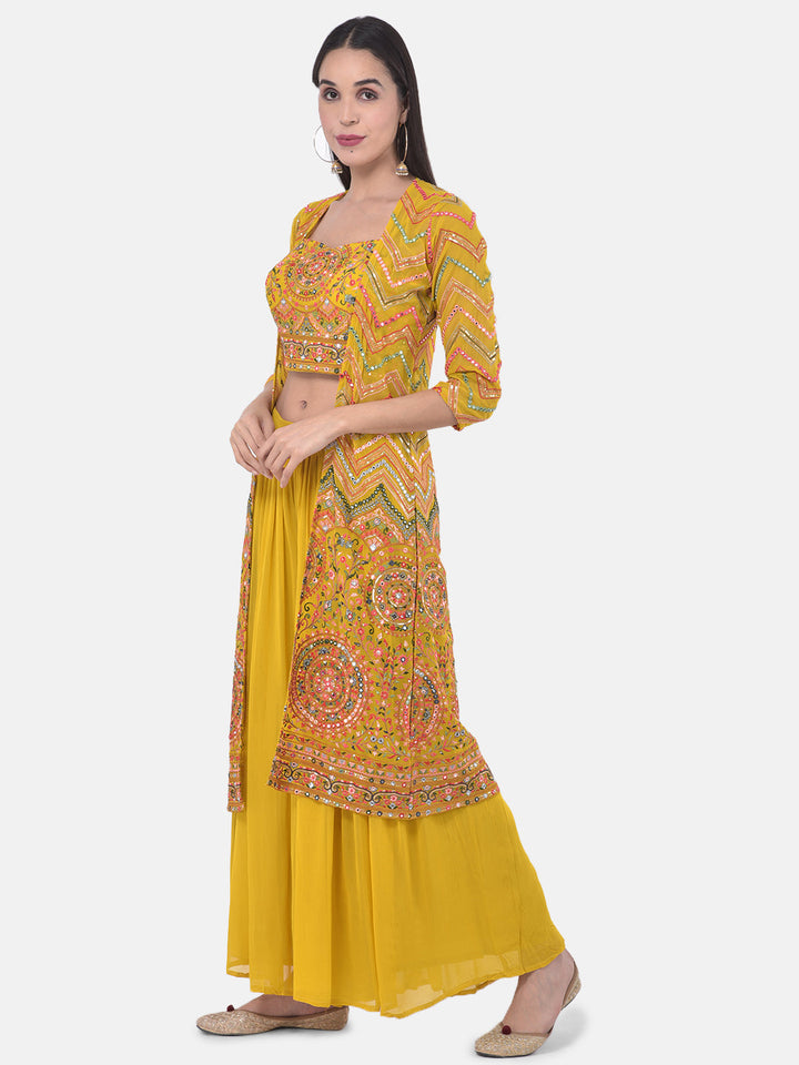 Neerus Yellow Embellished Kurta Set with Palazzo and Shrug - detail view 1