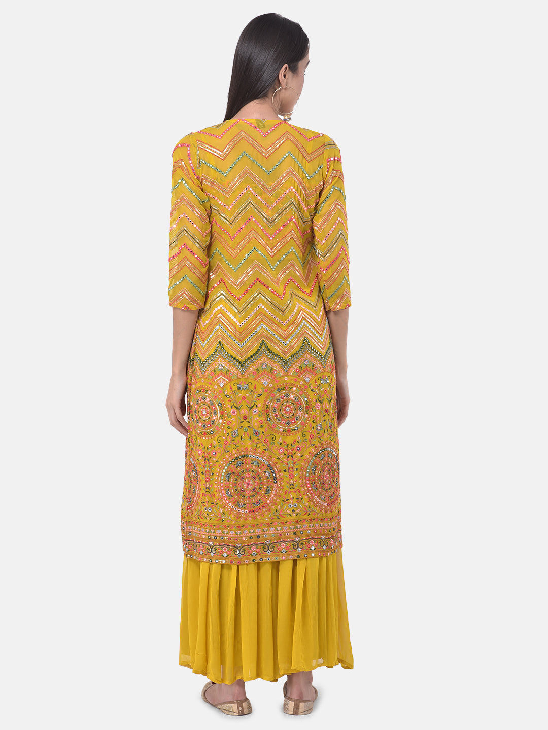 Neerus Yellow Embellished Kurta Set with Palazzo and Shrug - detail view 2