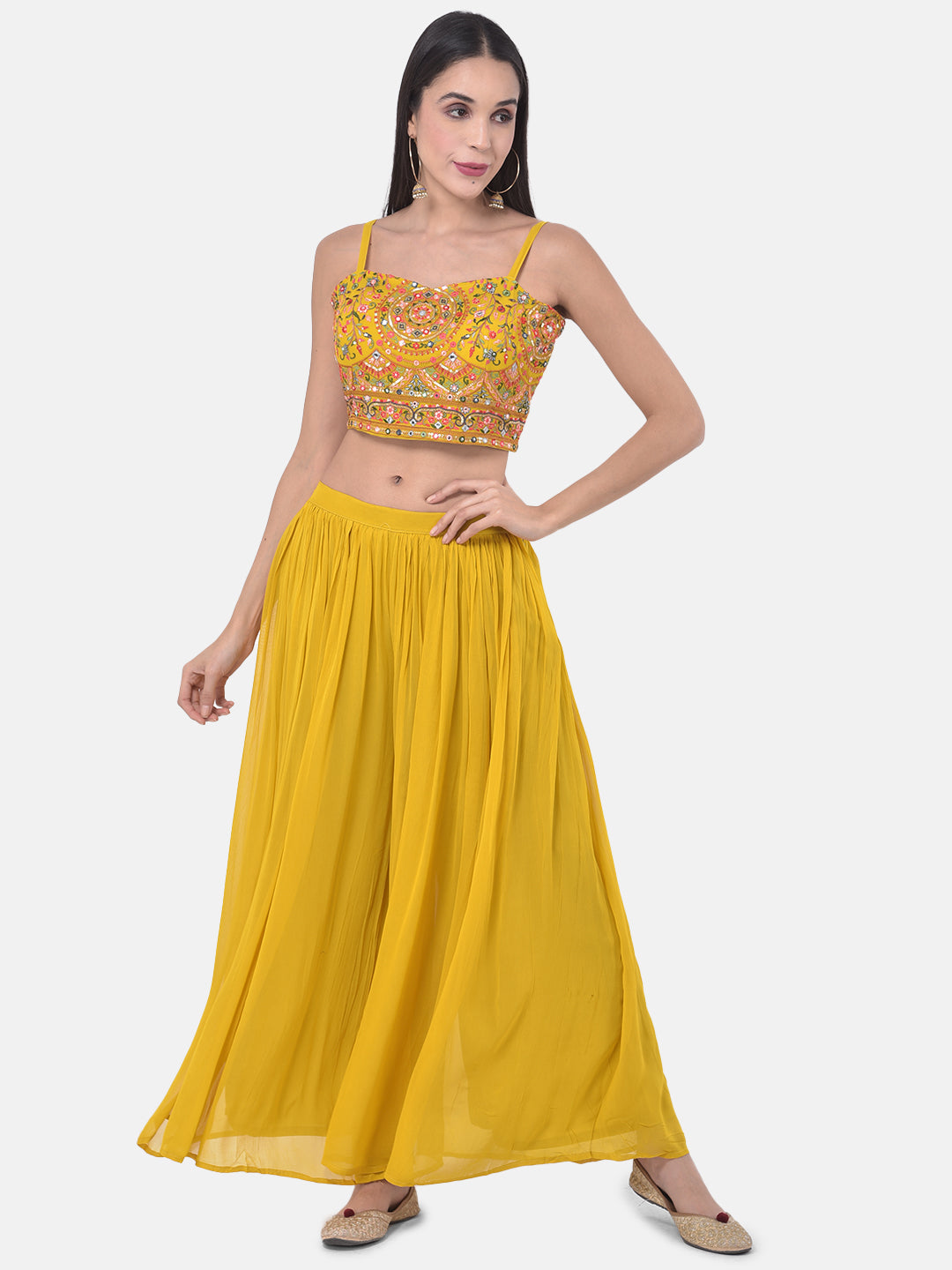 Neerus Yellow Embellished Kurta Set with Palazzo and Shrug - detail view 4
