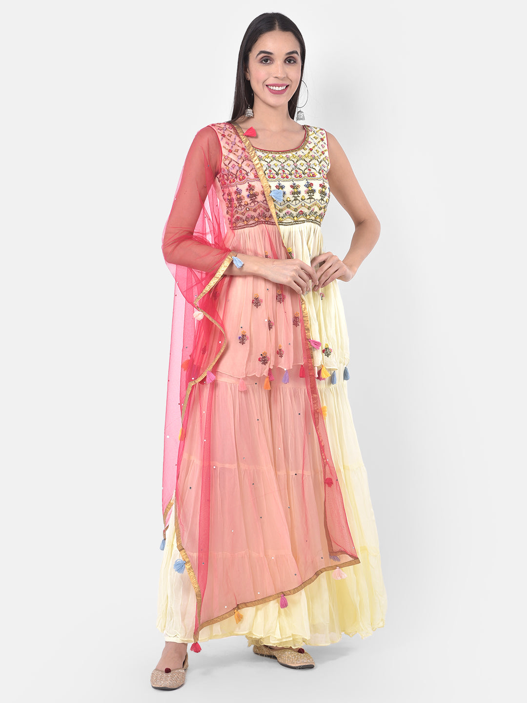 Neerus Yellow embroidered sharara set kurta dupatta - front view