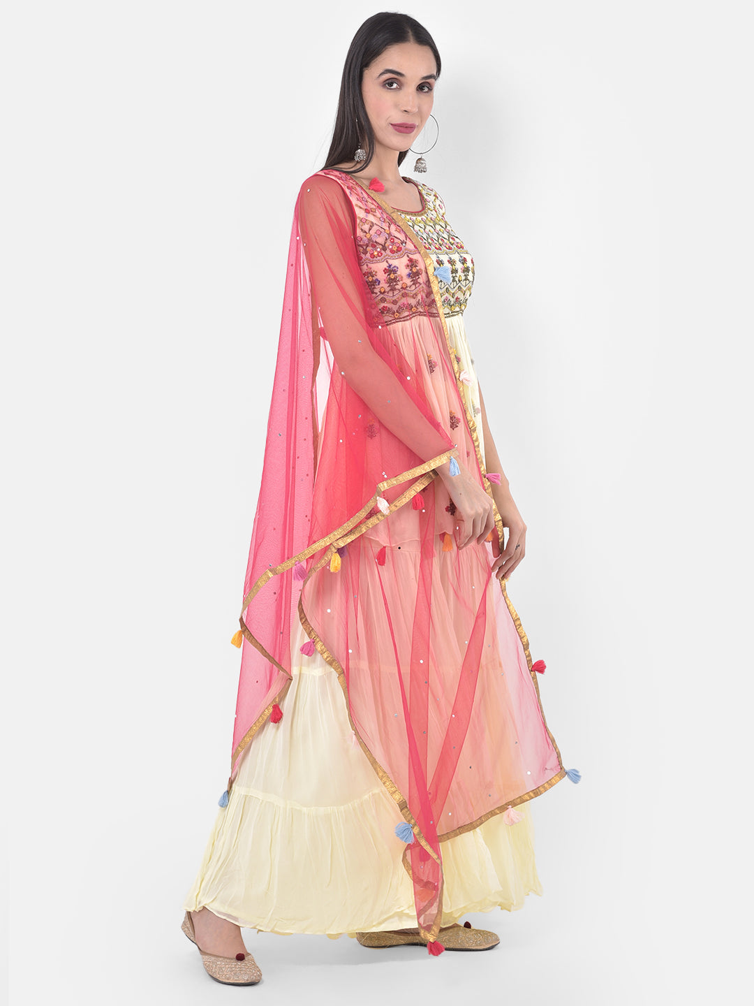 Neerus Yellow embroidered sharara set kurta dupatta - back view