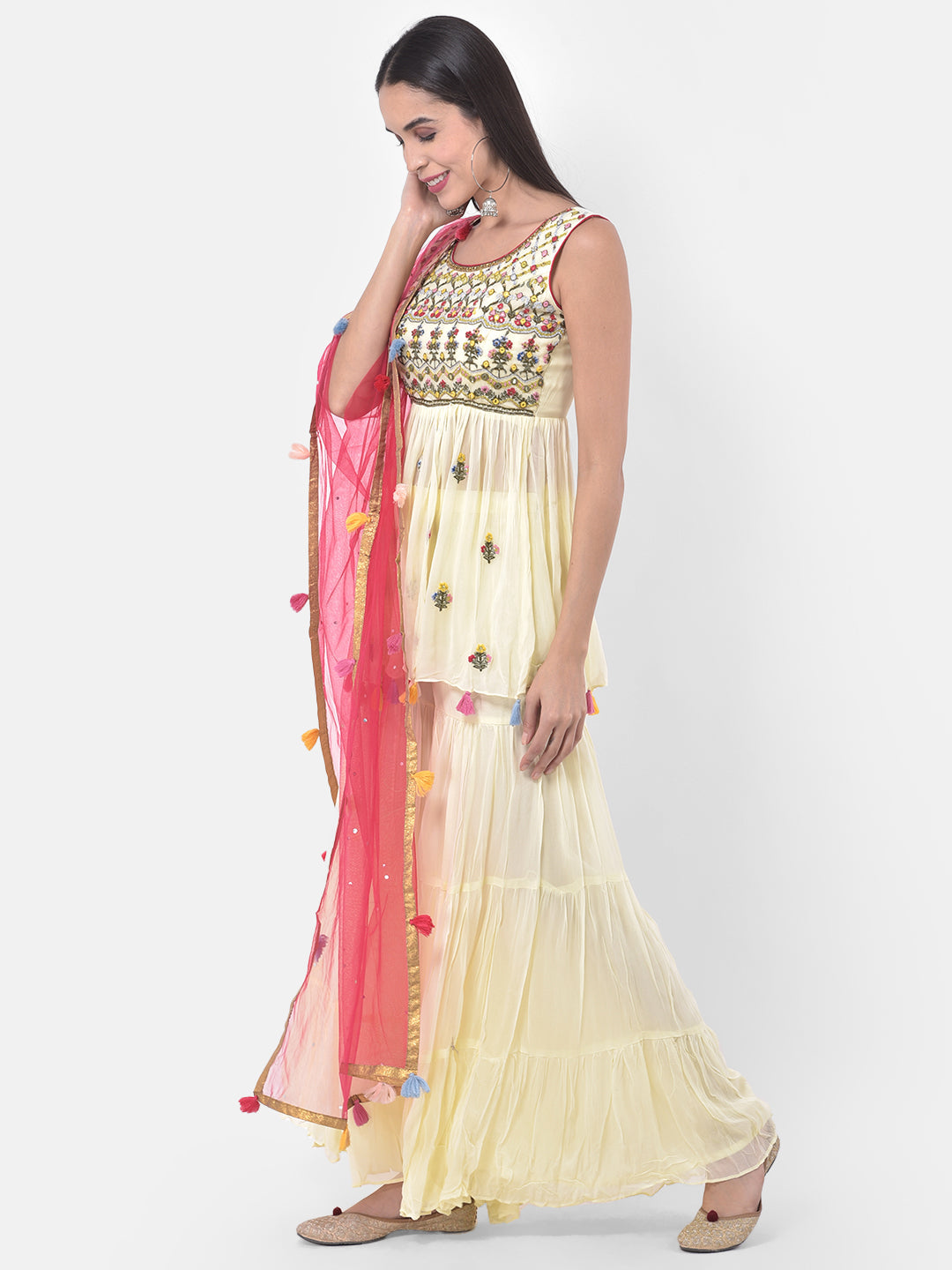 Neerus Yellow embroidered sharara set kurta dupatta - side view