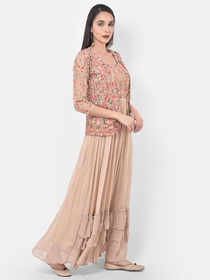 Neerus Beige georgette embellished flared kurta set - front view