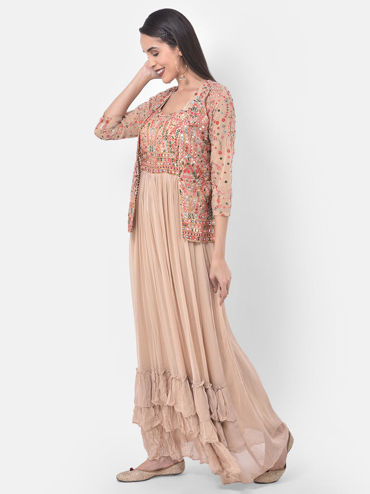 Neerus Beige georgette embellished flared kurta set - back view
