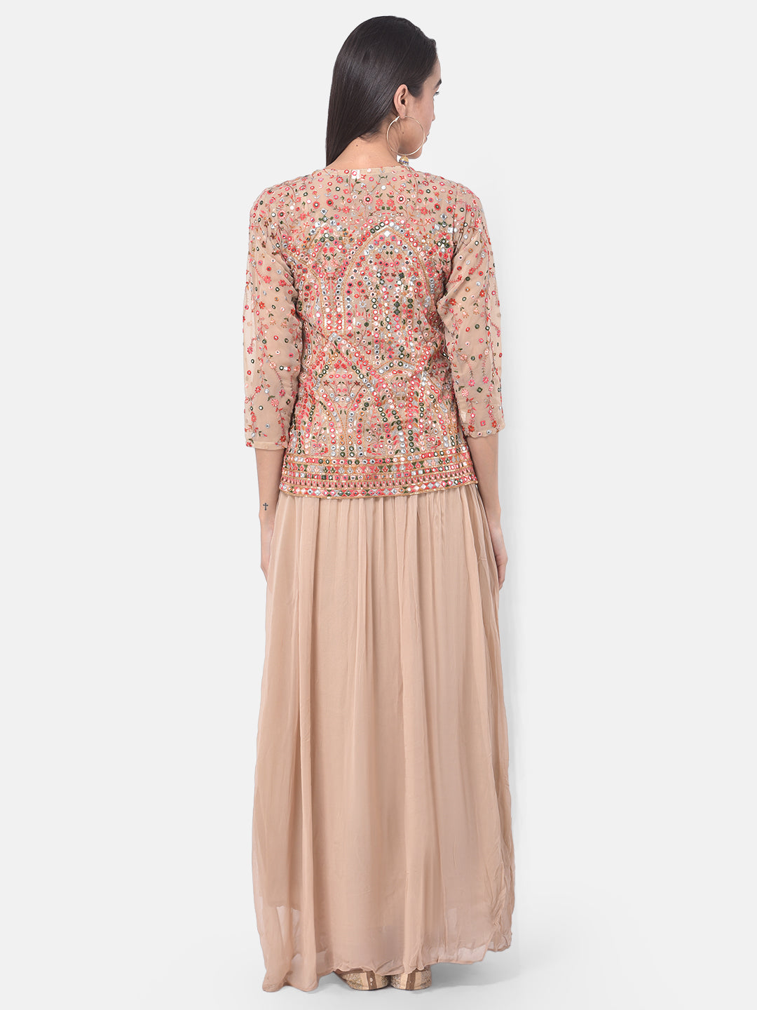 Neerus Beige georgette embellished flared kurta set - side view