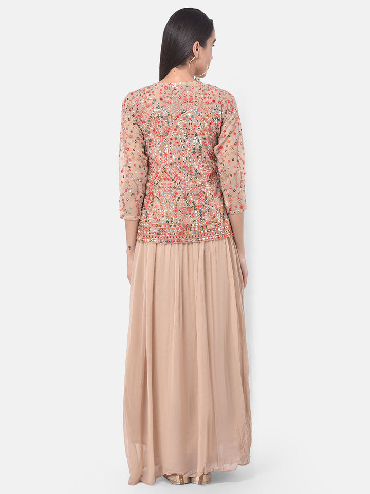Neerus Beige georgette embellished flared kurta set - side view
