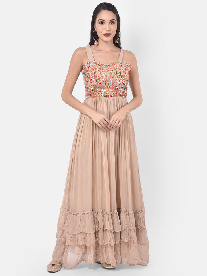 Neerus Beige georgette embellished flared kurta set - detail view 2