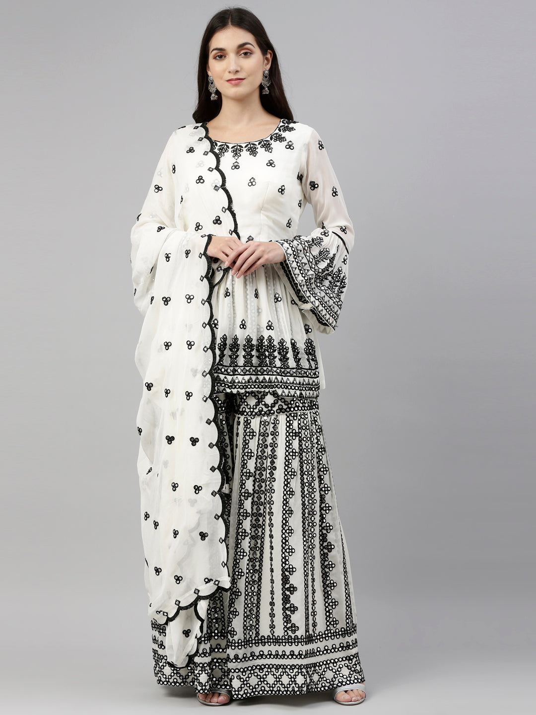 Neerus Beige cotton solid anarkali suit set - front view