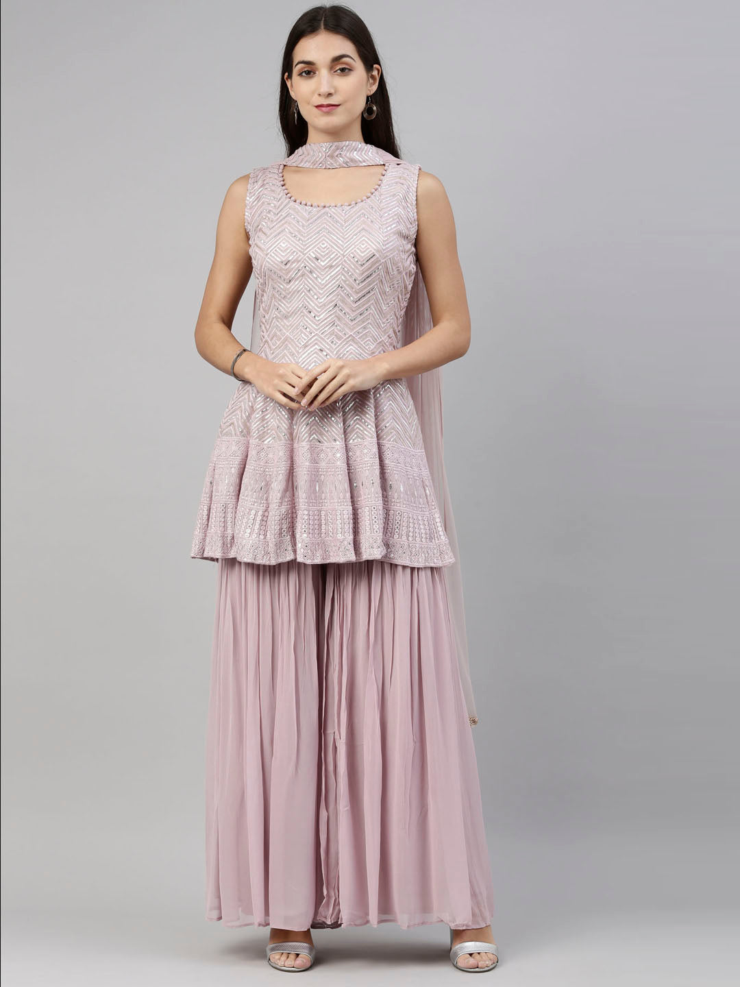 Neerus Pink georgette embroidered anarkali suit set - front view