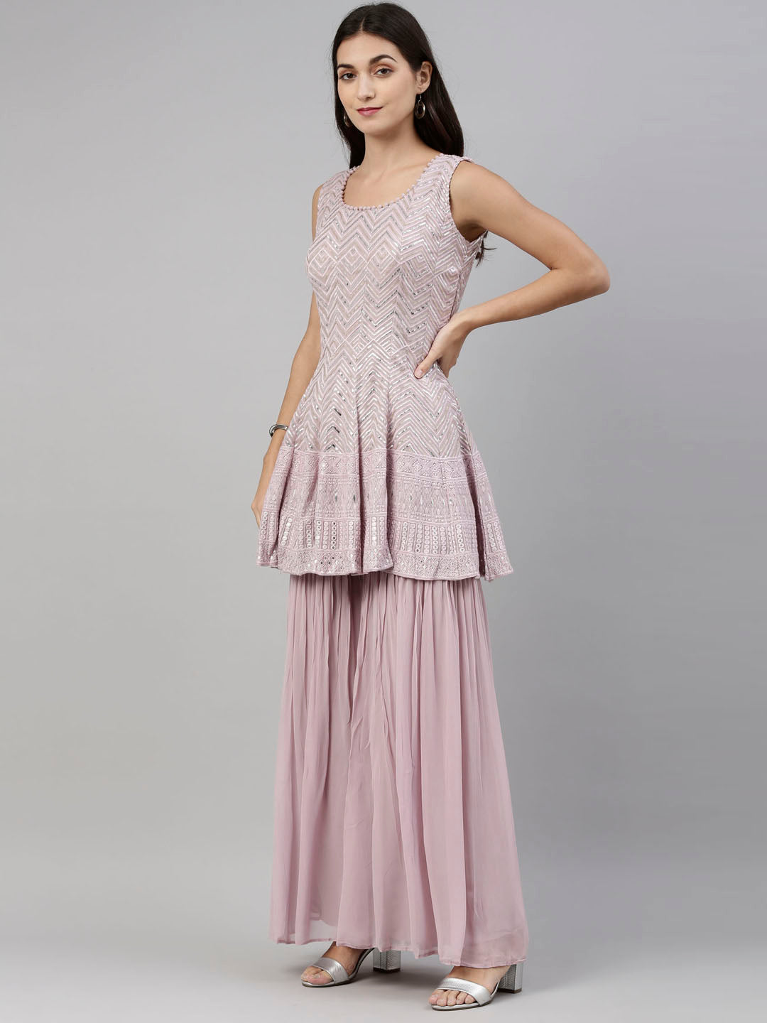 Neerus Pink georgette embroidered anarkali suit set - detail view 3