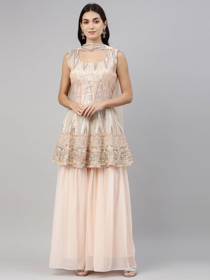 Neerus Orange georgette anarkali suit set - front view