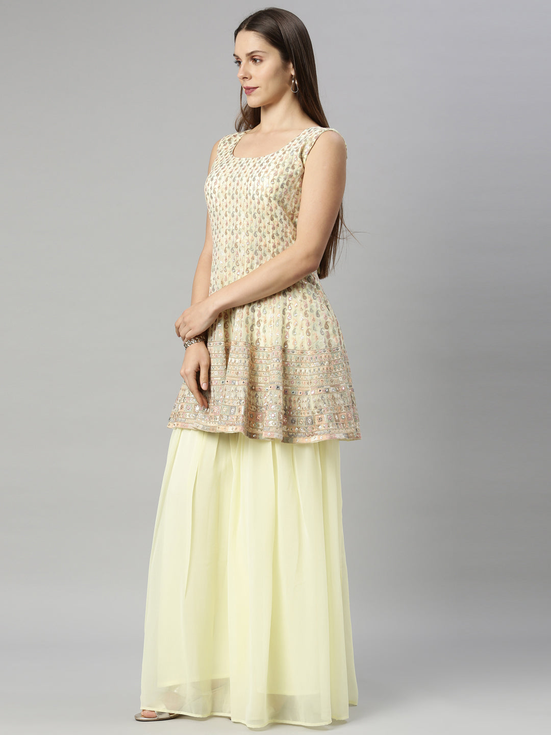 Neerus Yellow Georgette Printed Anarkali Suit Set - back view