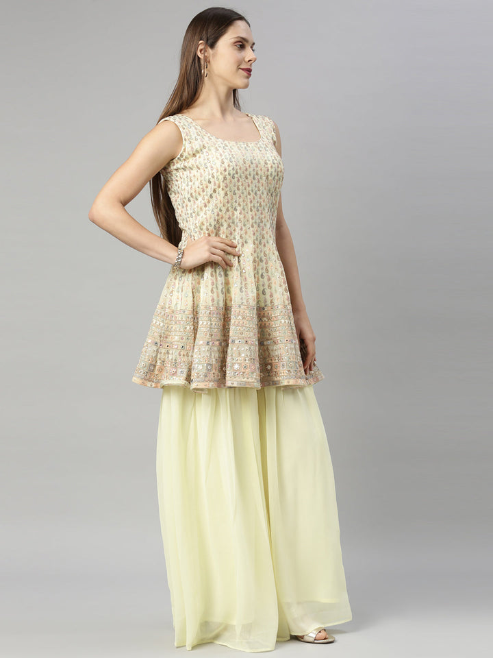 Neerus Yellow Georgette Printed Anarkali Suit Set - front view