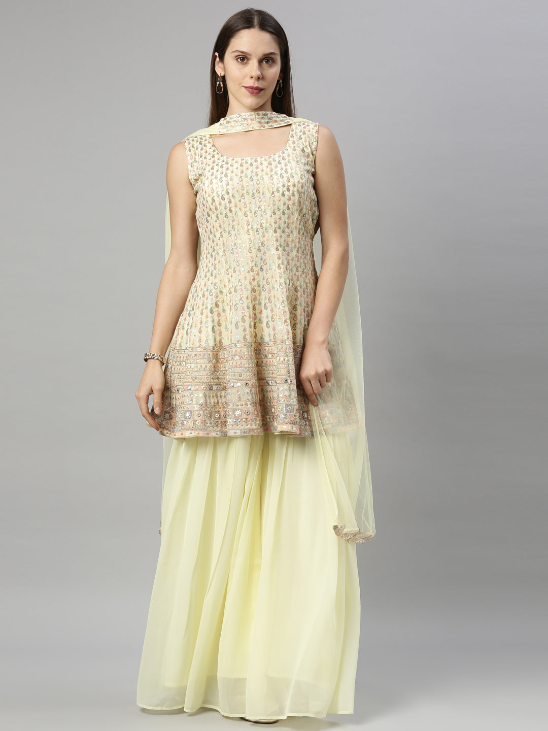 Neerus Yellow Georgette Printed Anarkali Suit Set - detail view 1