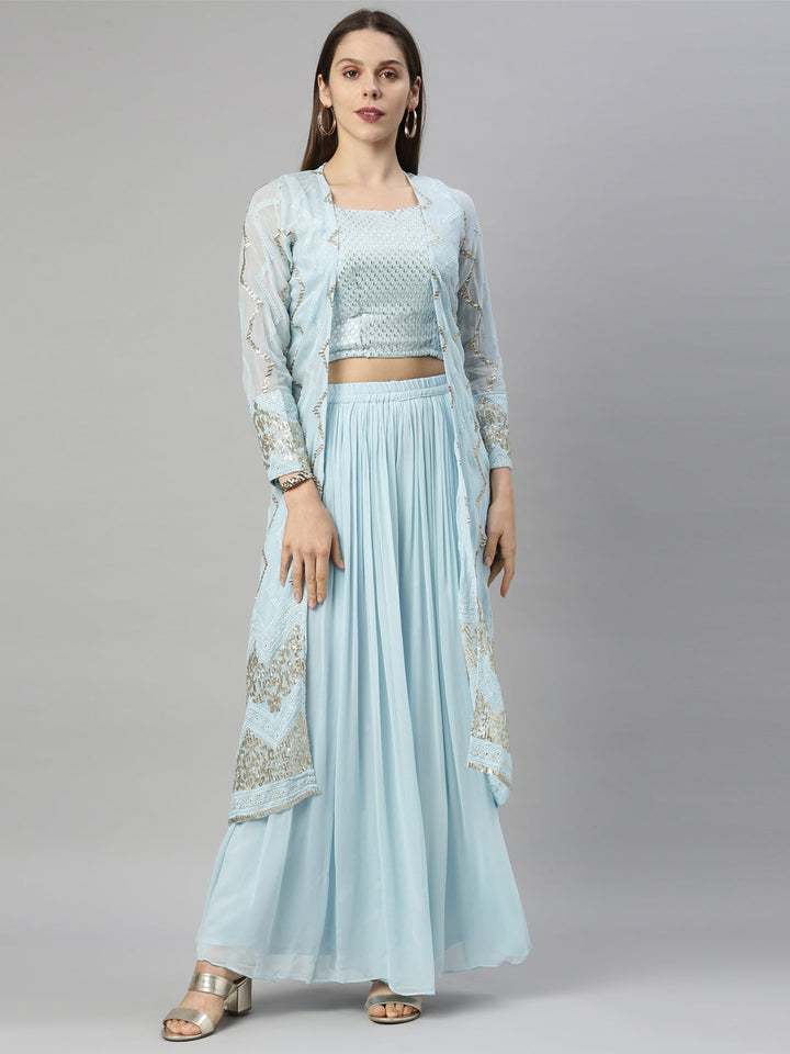 Neerus Blue Georgette Suit Set - front view