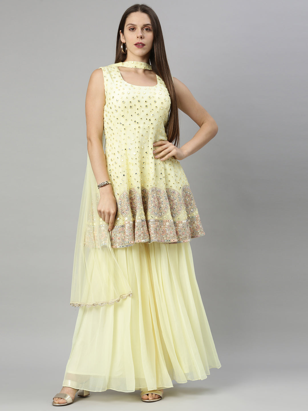 Neerus Yellow georgette anarkali suit set - detail view 6