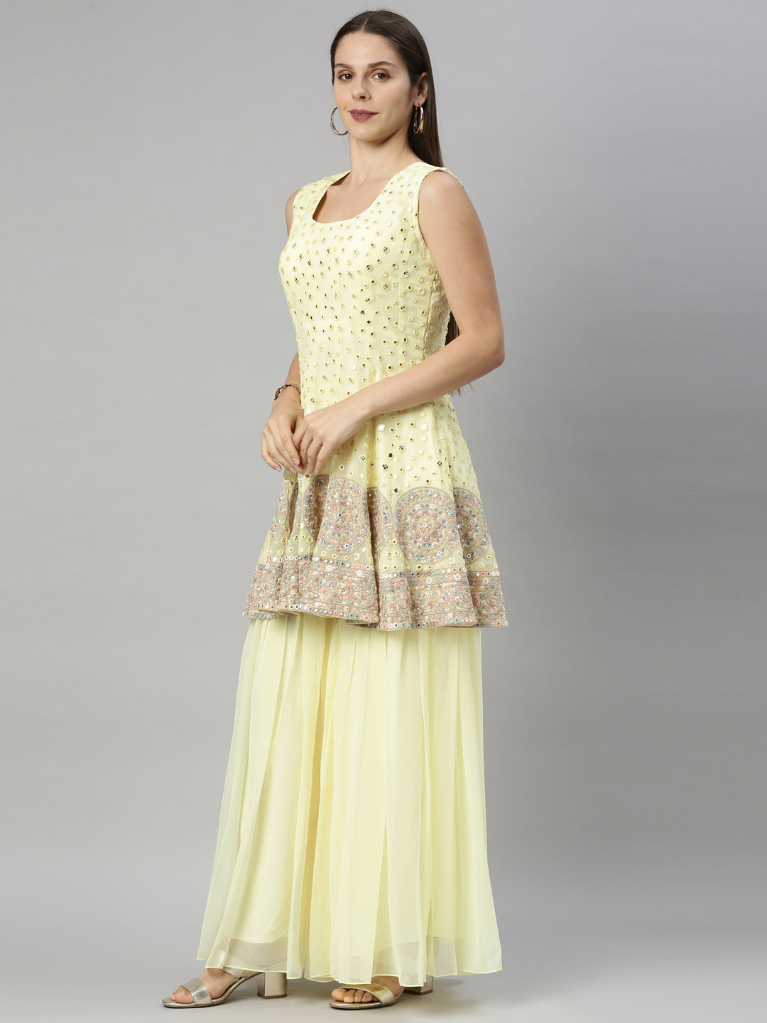 Neerus Yellow georgette anarkali suit set - back view