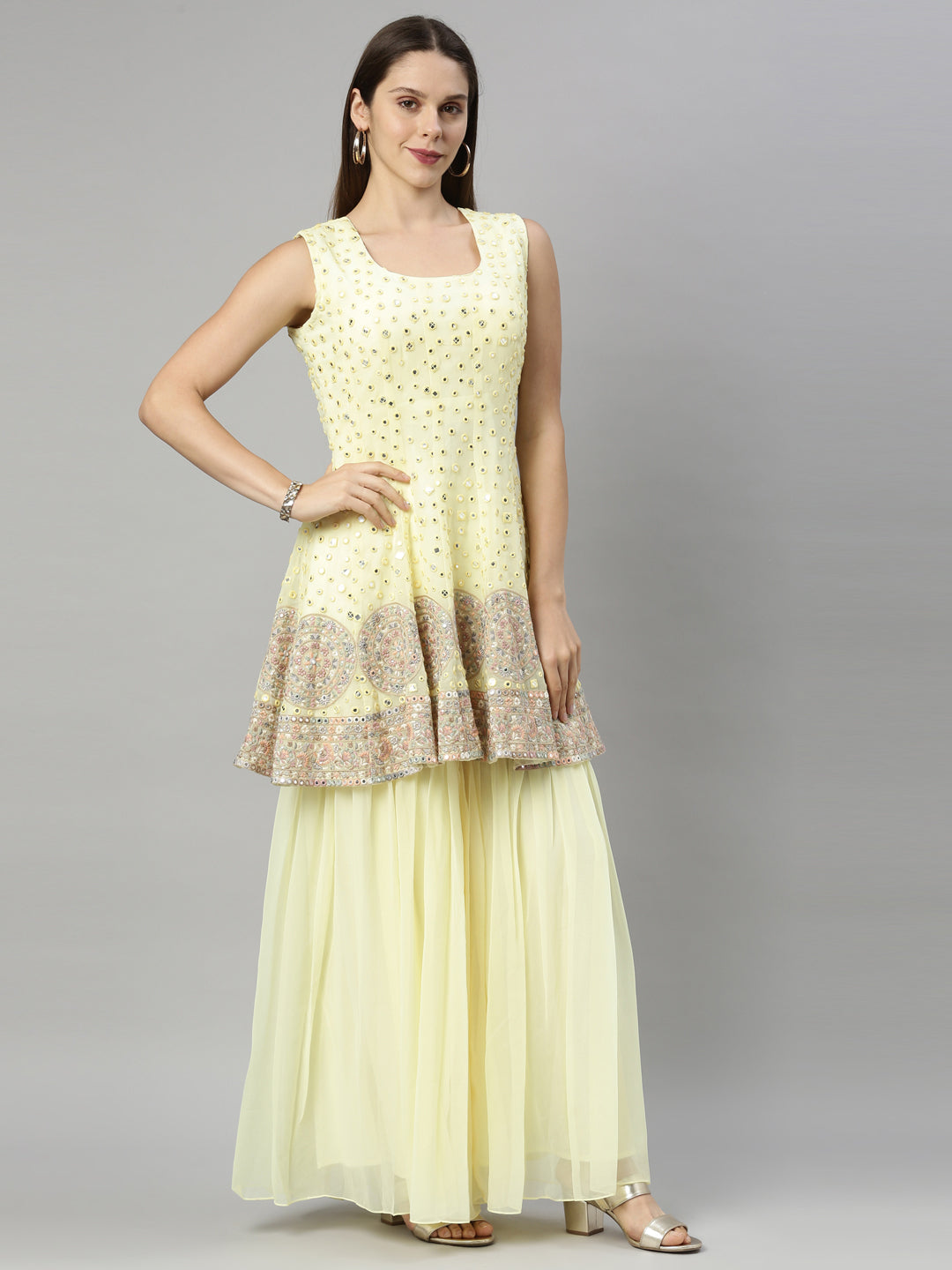 Neerus Yellow georgette anarkali suit set - front view