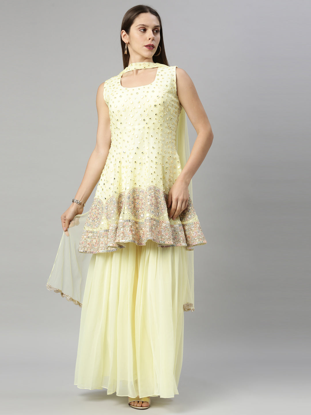 Neerus Yellow georgette anarkali suit set - detail view 1