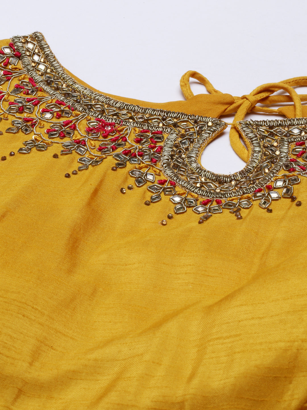 Neerus Yellow silk embroidered Anarkali suit set - detail view 3
