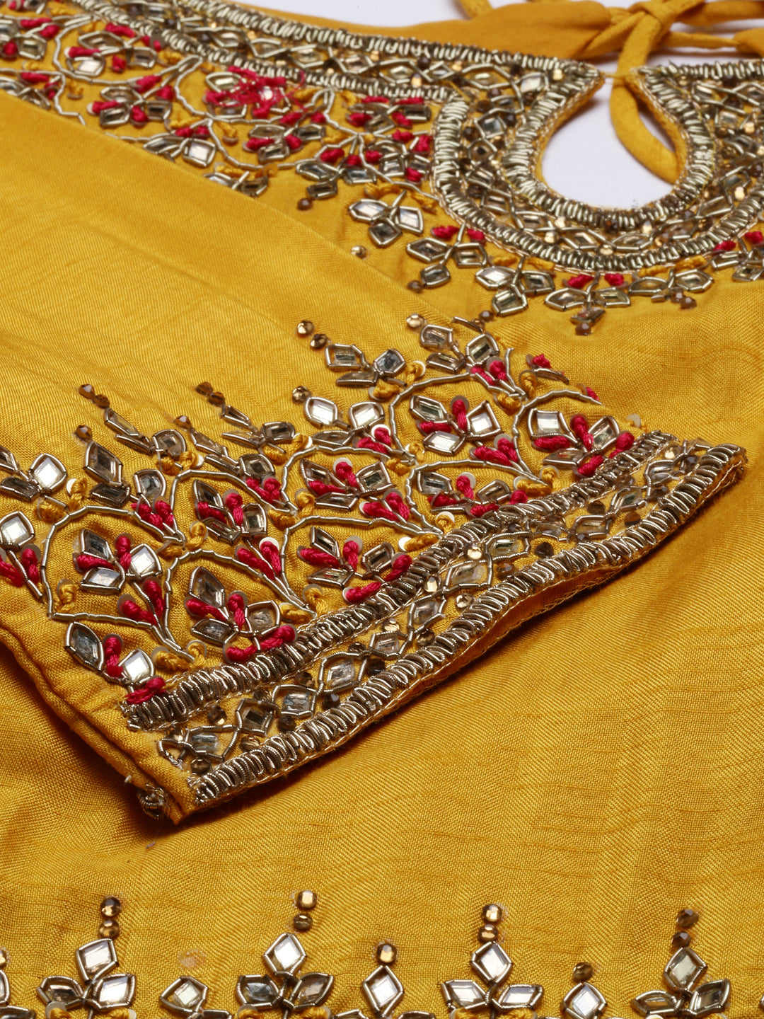Neerus Yellow silk embroidered Anarkali suit set - detail view 4