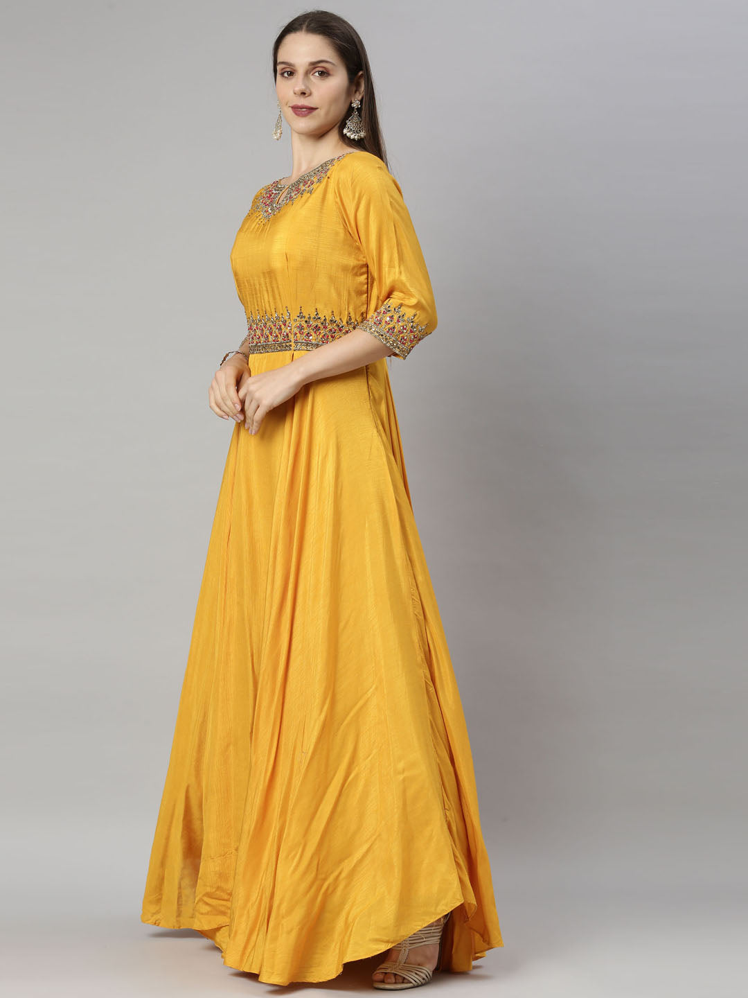 Neerus Yellow silk embroidered Anarkali suit set - side view