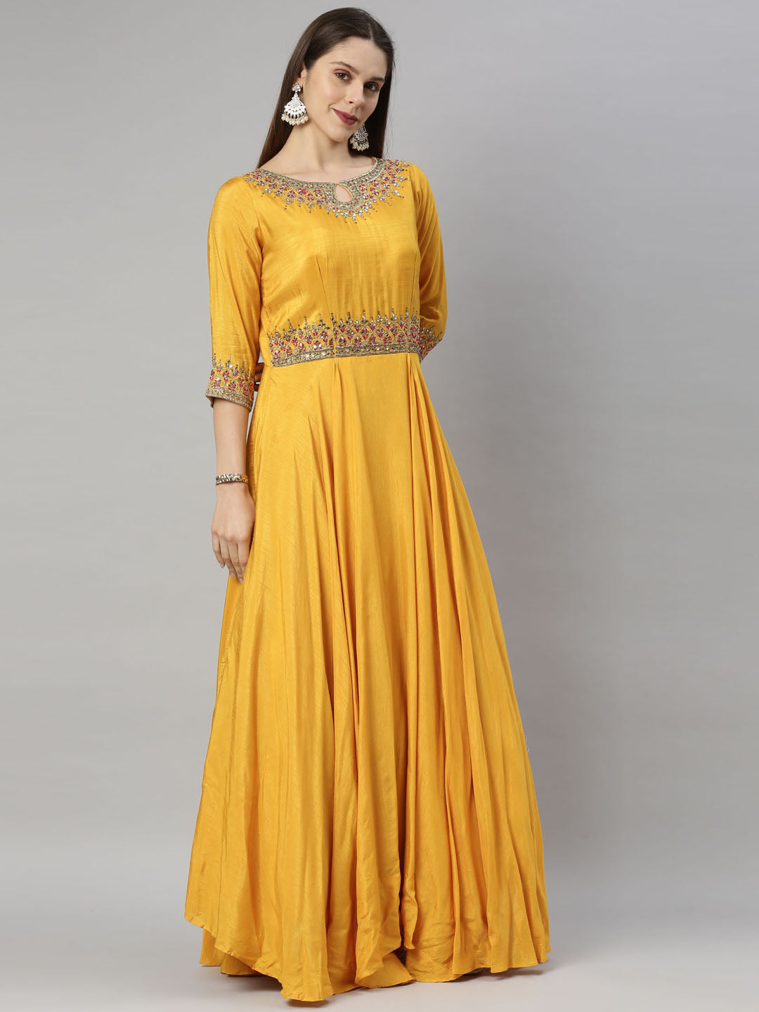 Neerus Yellow silk embroidered Anarkali suit set - back view
