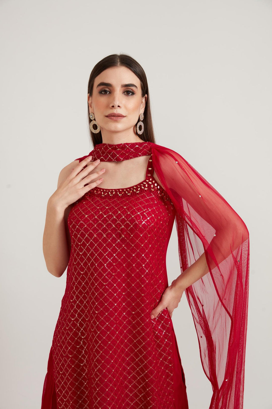 Neerus Pink georgette embroidered suit set - back view
