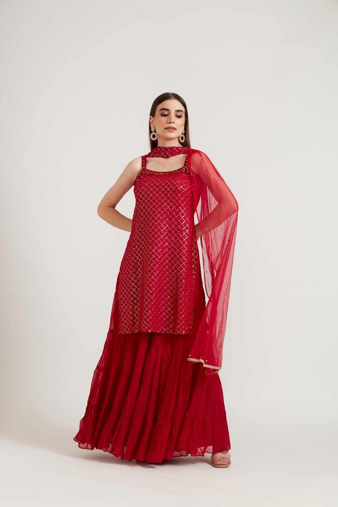 Neerus Pink georgette embroidered suit set - front view