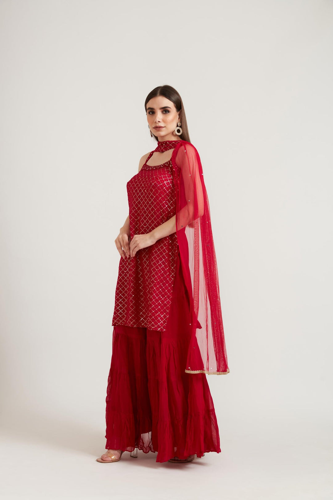 Neerus Pink georgette embroidered suit set - side view