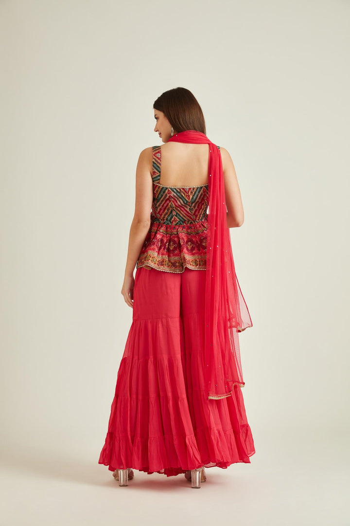 Neerus Pink silk embellished kurta set with sharara and dupatta - back view