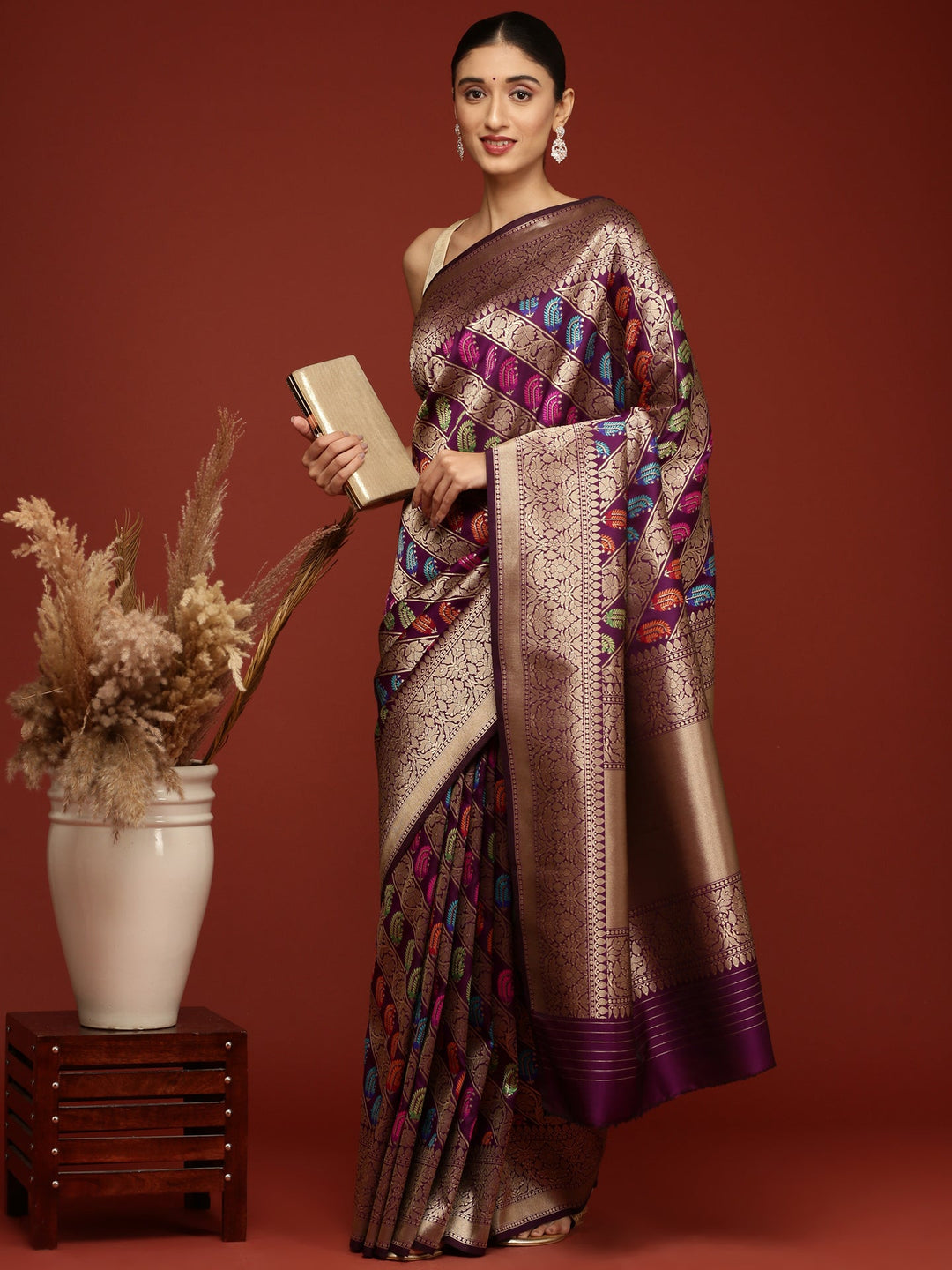 Neerus Maroon Banarasi woven saree - detail view 1