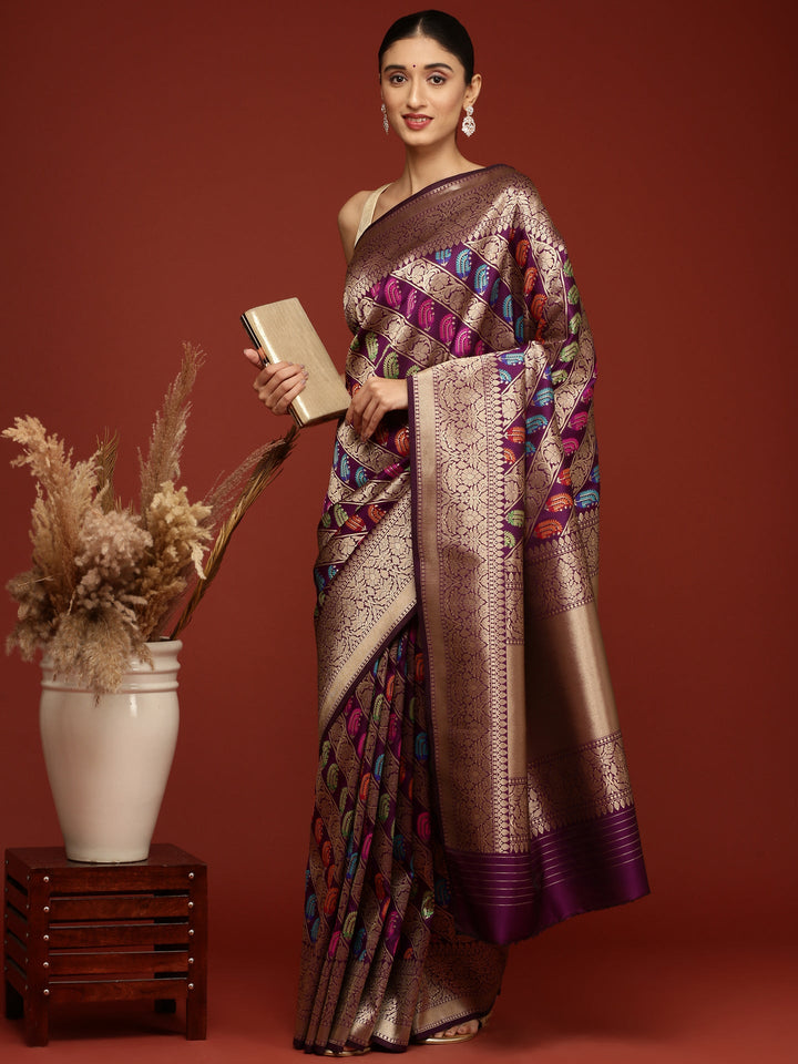 Neerus Maroon Banarasi woven saree - detail view 1