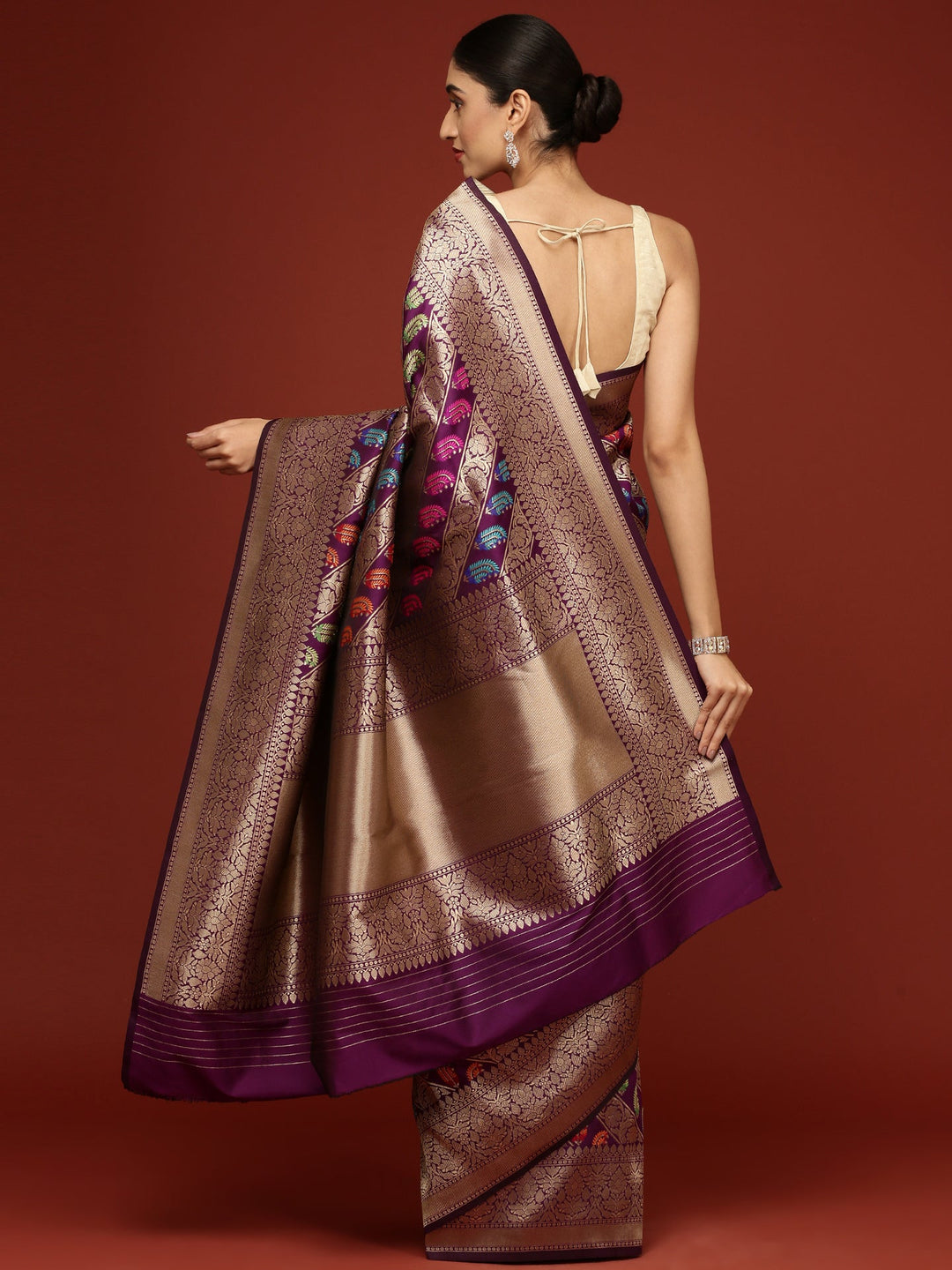 Neerus Maroon Banarasi woven saree - side view