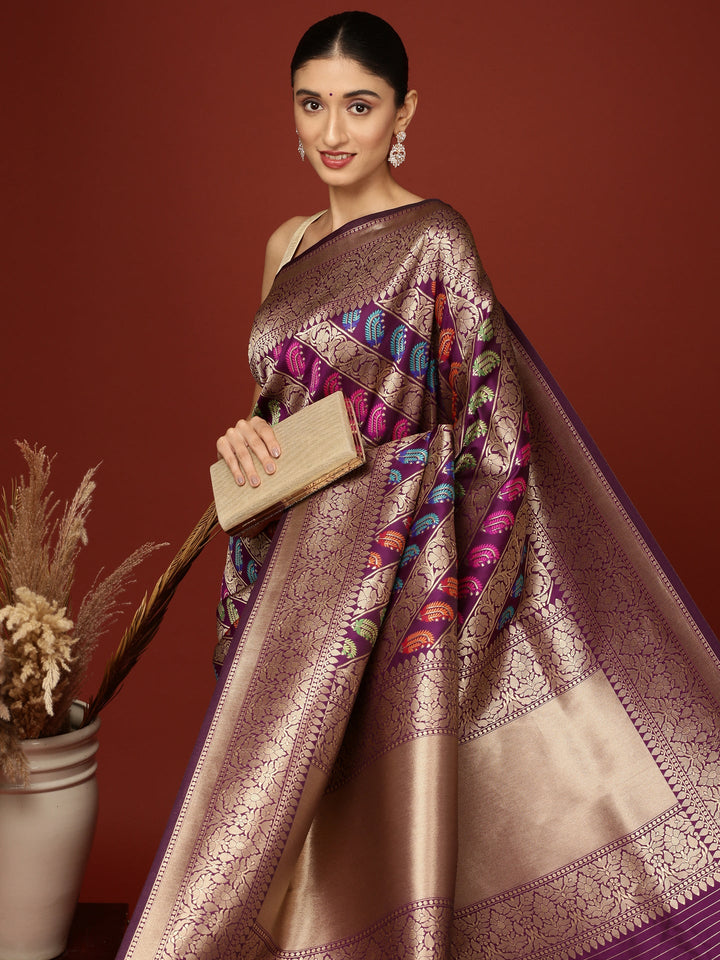 Neerus Maroon Banarasi woven saree - back view