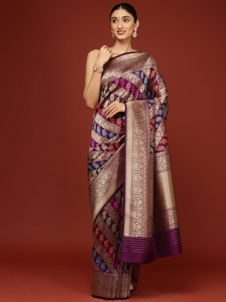 Neerus Maroon Banarasi woven saree - front view