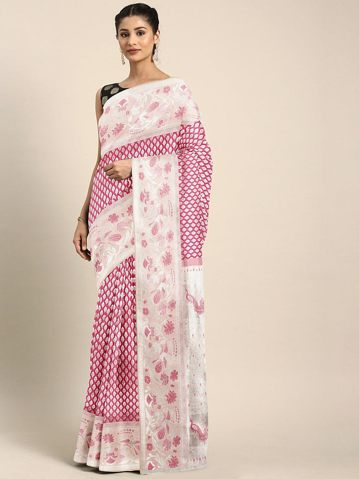 Neerus Pink Banarasi woven saree - front view