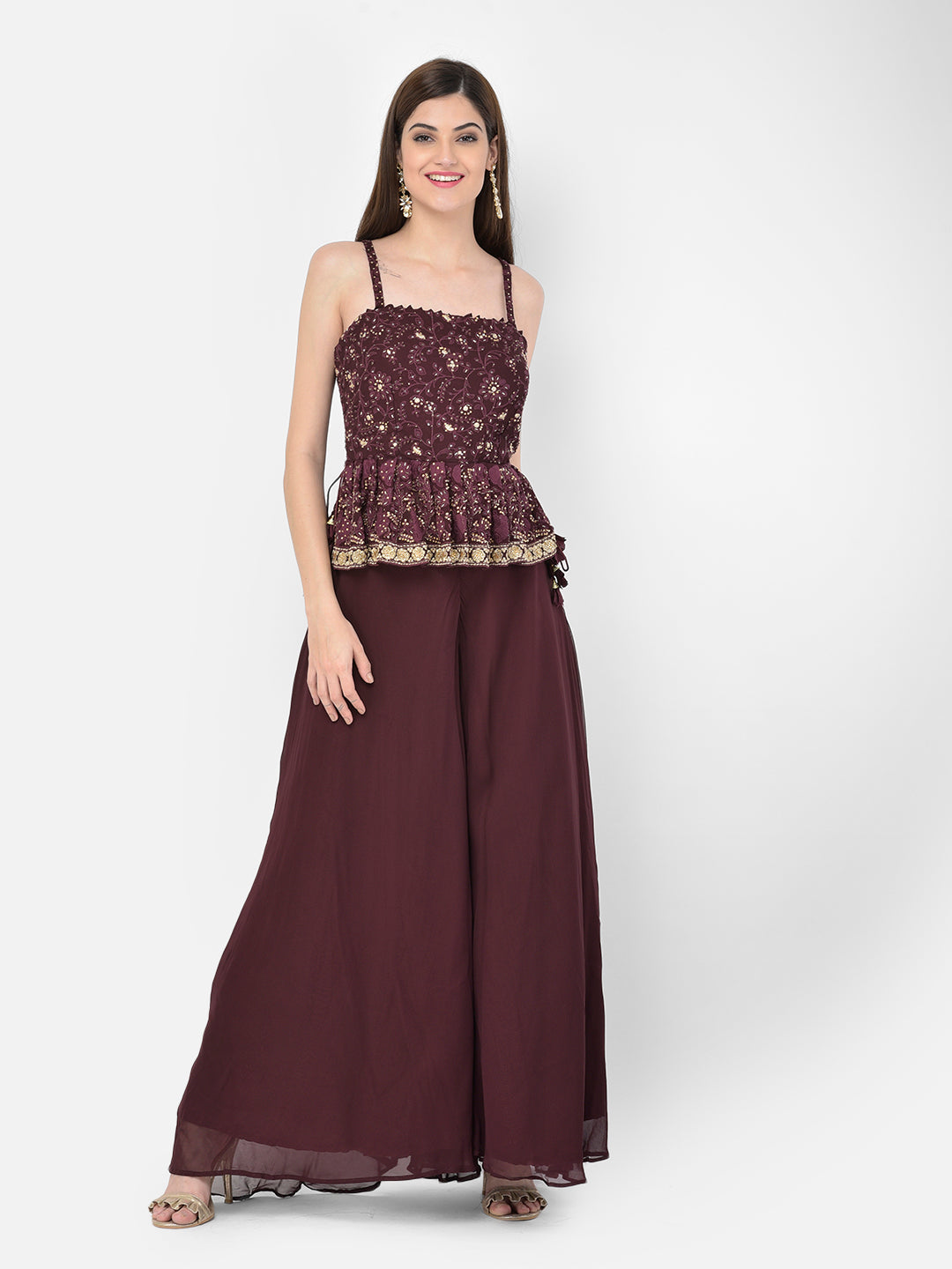 Neerus Maroon georgette peplum kurta set - detail view 8