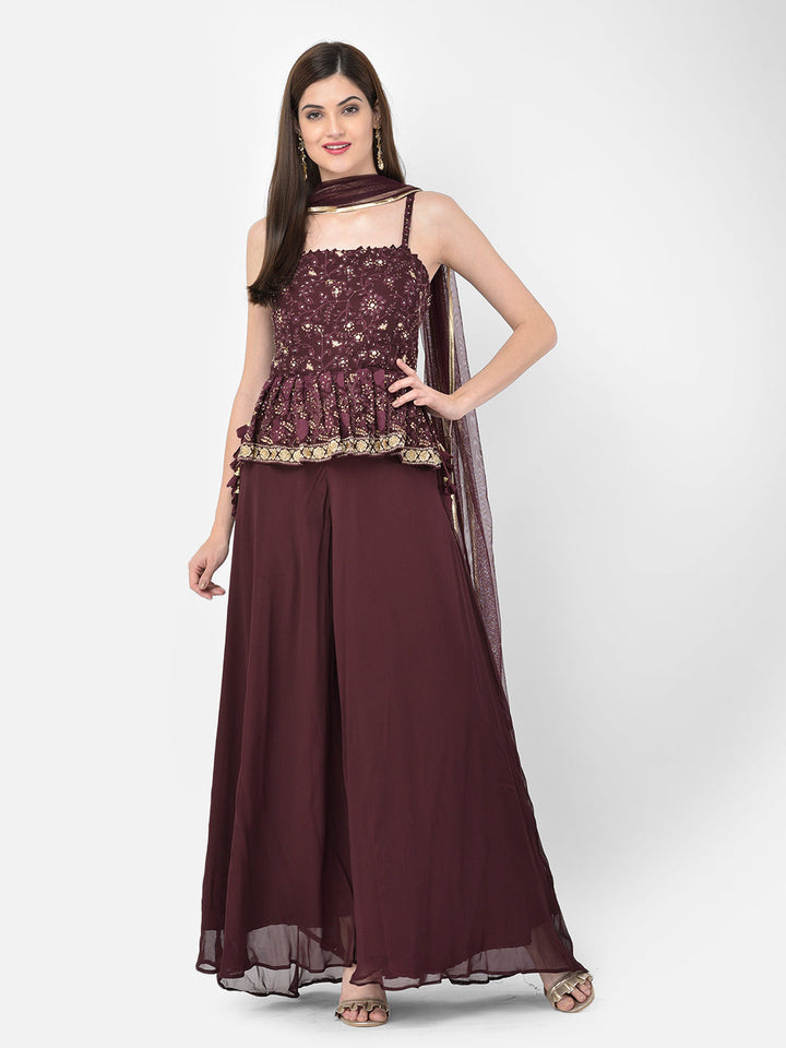 Neerus Maroon georgette peplum kurta set - front view