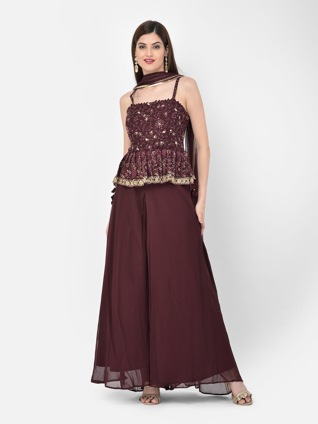 Neerus Maroon georgette peplum kurta set - back view